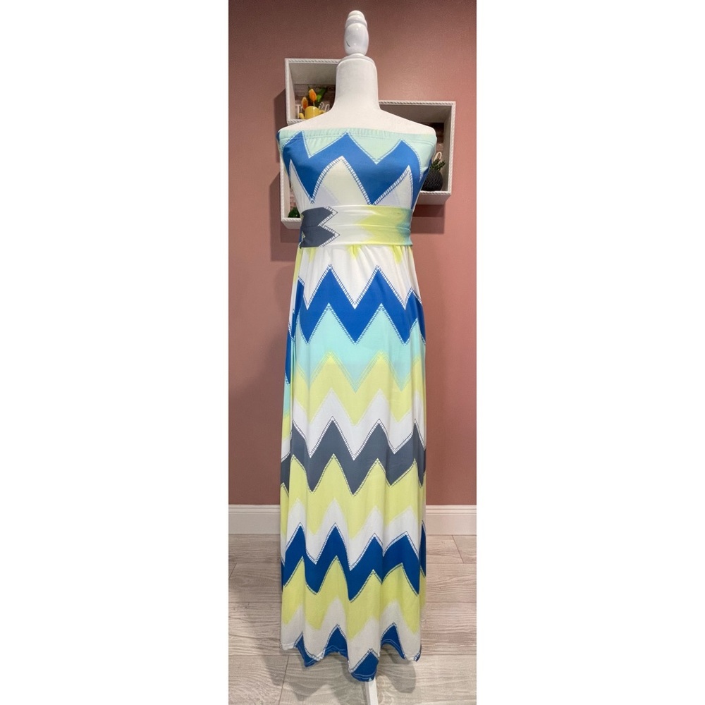 Mint Strapless Sleeveless Maxi Dress Chevron Print